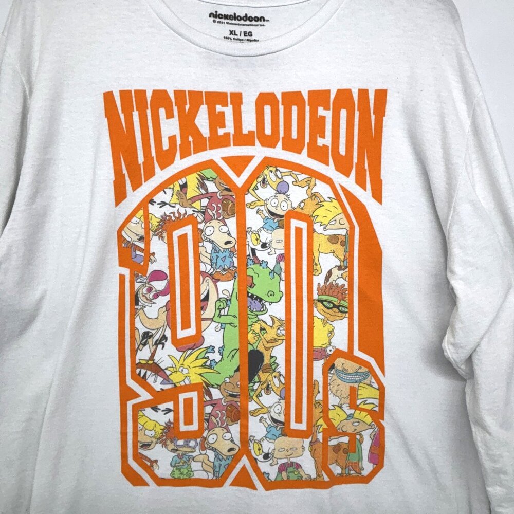 Nickelodeon 90s Cartoons Logo Long Sleeve T-shirt White w/Arm Graphics Men's XL